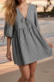 PINUPART Women's Summer Coverup Beach Picnic Gingham Puff